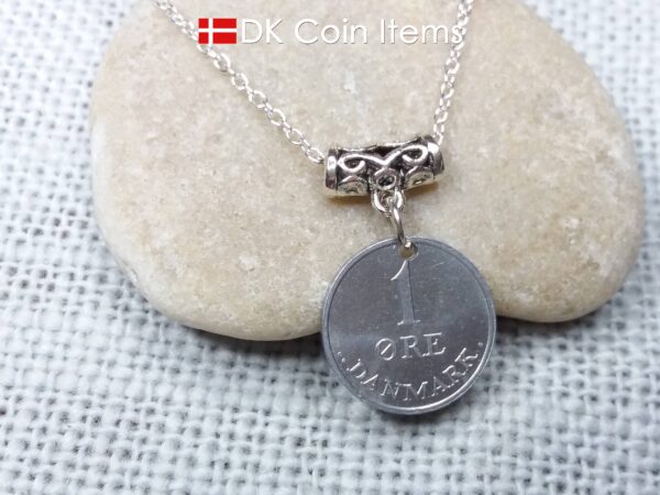 Denmark 1970 coin necklace (incl. chain) - 54 year old vintage 1 ore (16mm) as coin pendant - 54th birthday gift - Danish souvenir