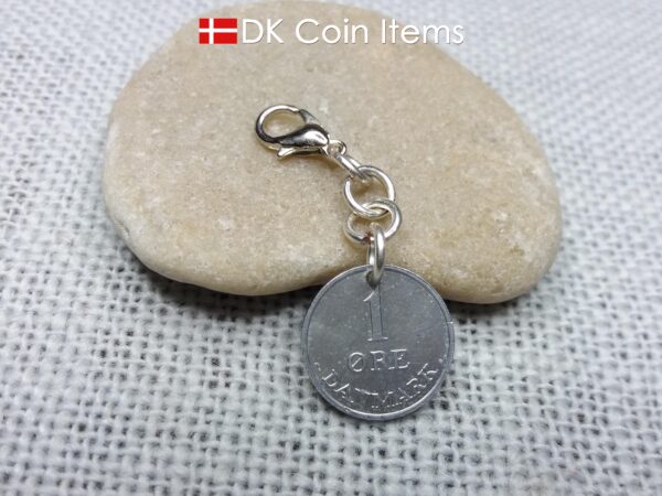 Denmark 1970 coin charm - 54 year old 1 ore (16mm) with crowned letter R initial as coin pendant - 54th birthday gift - Danish souvenir