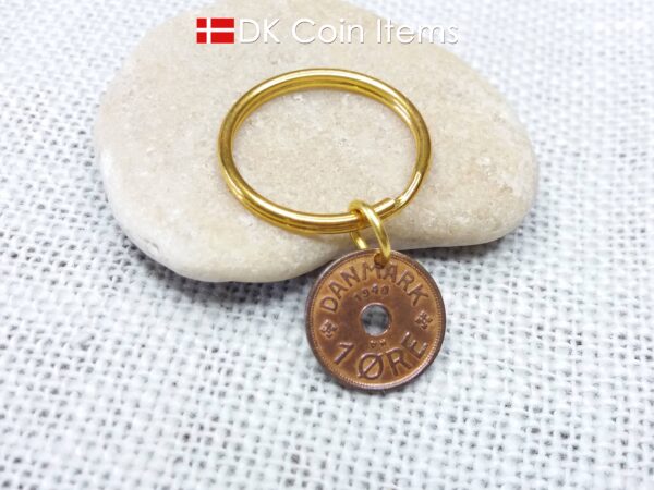 Denmark 1940 coin keychain - 84 year old crowned letter C initial 1 ore as coin pendant - 84th birthday gift - Antique Danish souvenir