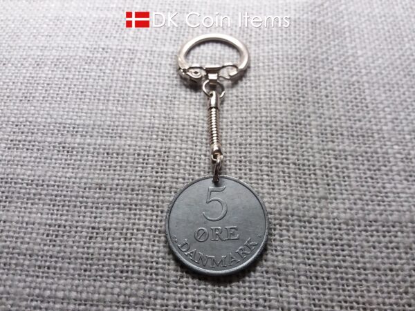 Denmark 1961 R-initial coin keychain with 63 year old 5 ore as coin pendant on snake keyring