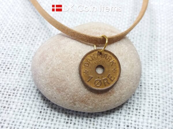 Denmark 1940 coin pendant necklace - Letter C initial on 84 year old 1 ore - 84th birthday gift - Danish souvenir - Cord/chain option