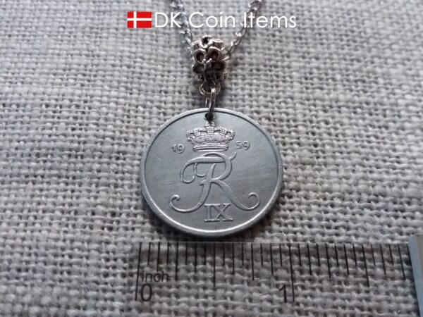 Denmark 1959 coin necklace - 65 year old 5 ore with letter R initial - 65th birthday gift - Danish souvenir - Cord/chain options