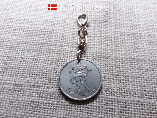 Denmark 1959 R-initial coin charm with 65 year old 5 ore as coin pendant on swivel unit and 18mm lobster claw clasp