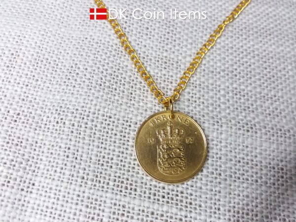 Denmark 1957 coin pendant necklace with golden 67 year old vintage 1 krone. Cord/Chain options