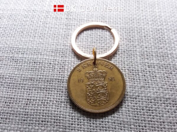 Denmark 1958 coin keychain with golden 66 year old vintage 2 kroner as coin pendant on 30mm keyring