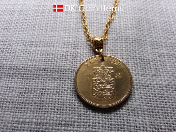 Denmark 1958 coin necklace with golden 66 year old vintage 2 kroner as coin pendant on bail. Cord/Chain options