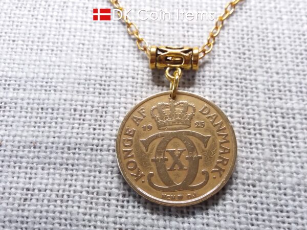 Denmark 1925 Crown C-initial coin necklace with golden 99 year old vintage 2 kroner as coin pendant. Cord/Chain options