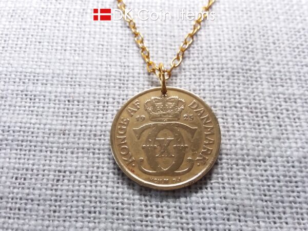 Denmark 1925 Crown C-initial coin pendant necklace with golden 99 year old vintage 2 kroner. Cord/Chain options