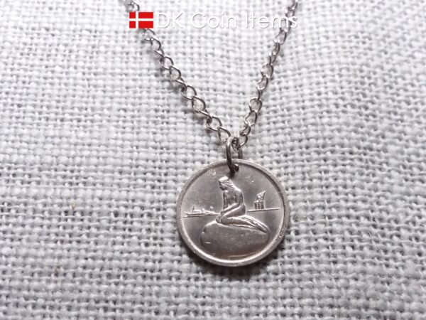 The Danish Little Mermaid coin pendant necklace. Copenhagen Tramways vintage fare token 1966-1967. Chain/cord options