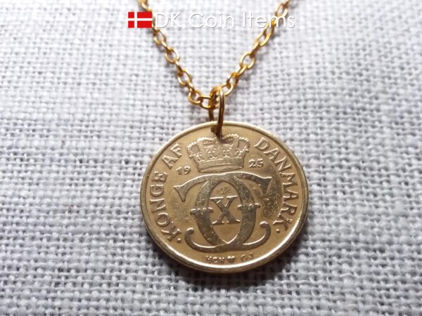 Denmark 1925 Crown C-initial coin pendant necklace with 99 year old golden vintage 2 kroner. Cord/Chain options