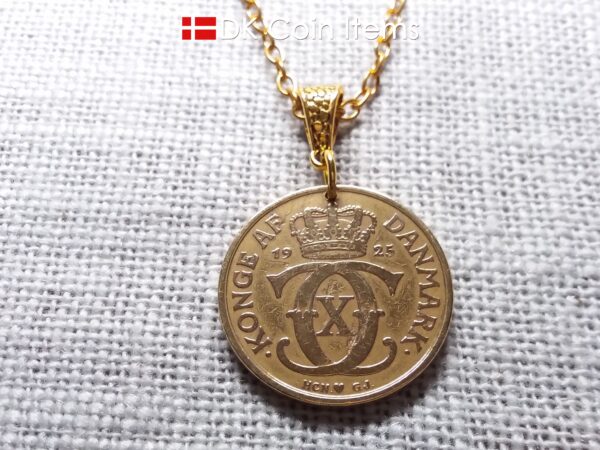 Denmark 1925 Crown C-initial coin necklace with 99 year old golden vintage 2 kroner as coin pendant. Cord/Chain options