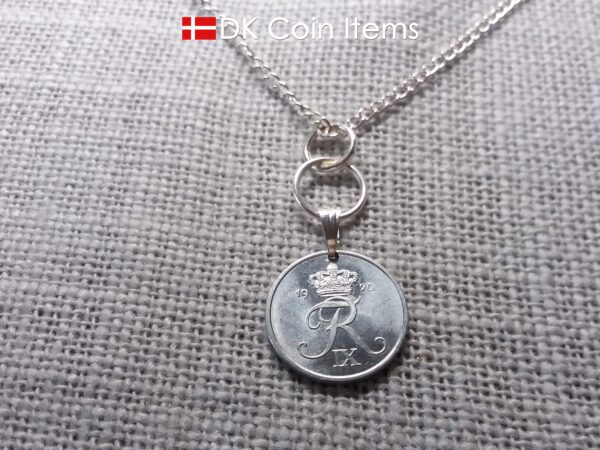 Denmark 1970 R-initial coin necklace with 54 year old 2 ore as coin pendant on silver plated snap lock and rings