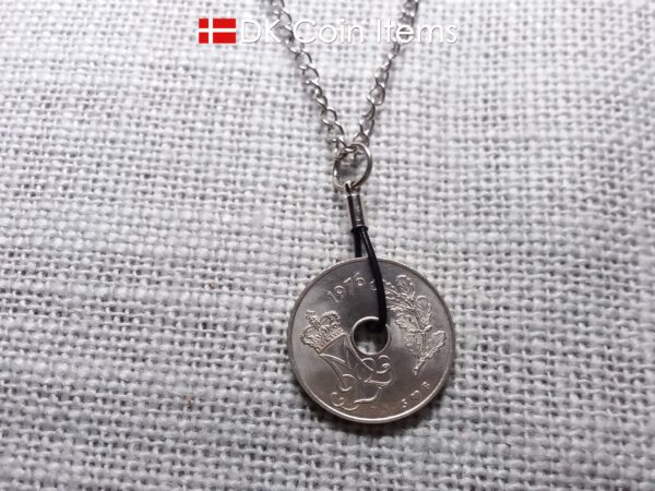 Denmark 1976 M-initial coin necklace with 48 year old 25 ore as coin pendant on black cowhide leather string