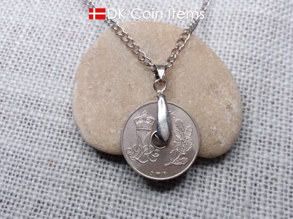 Denmark 1976 M-initial coin necklace with 48 year old 25 ore as coin pendant on pinch bail with snap lock