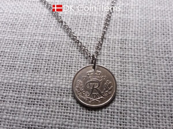 Denmark 1949 R-initial coin necklace with 75 year old vintage 25 ore as coin pendant. Cord/Chain options