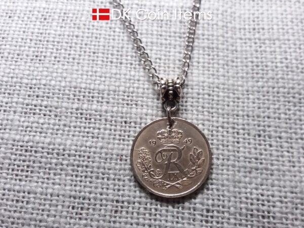 Denmark 1949 R-initial coin necklace with 75 year old vintage 25 ore as coin pendant on bail. Cord/Chain options