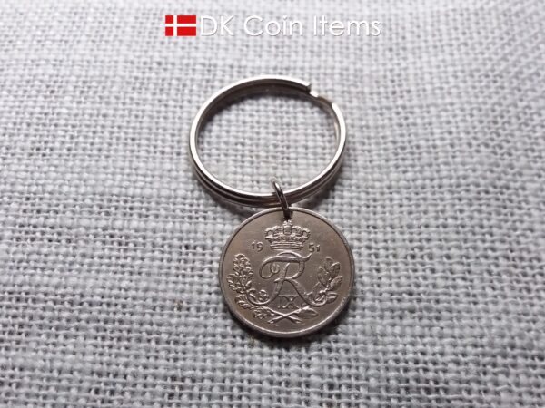 Denmark 1951 R-initial coin keychain with 73 year old vintage 25 ore as coin pendant on 30mm keyring