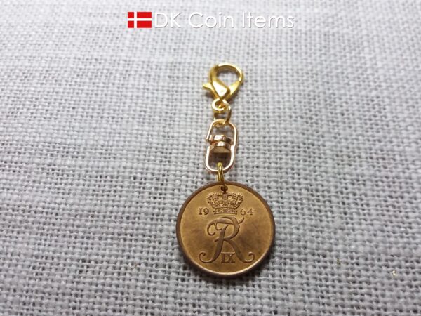 Denmark 1964 R-initial coin charm with 60 year old vintage 5 ore coin pendant on swivel and lobster claw clasp. 60th birthday gift