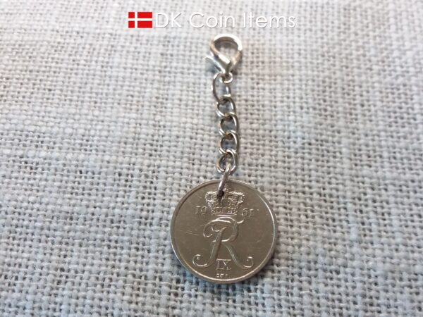 Denmark 1961 R-initial coin charm with 63 year old 25 ore as coin pendant on chain and 18mm lobster claw clasp