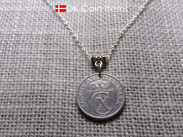 Denmark C-initial 1941 coin necklace (chain included) - 83 year old vintage 2 ore as coin pendant - 83rd birthday gift - Danish souvenir