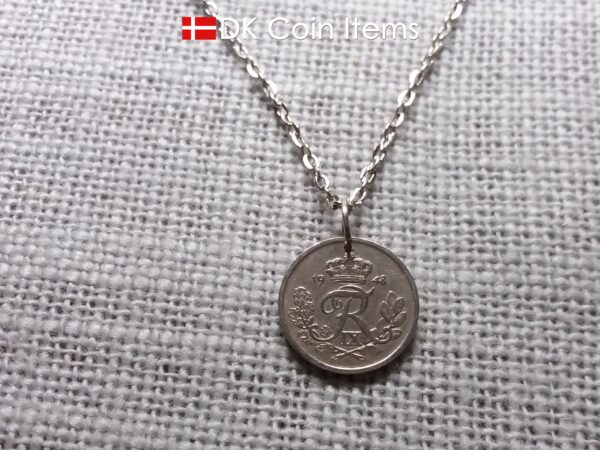 Denmark 1948 R-initial coin pendant necklace with 76 year old vintage 10 ore. 76th birthday gift. 10th anniversary gift. Cord/Chain options