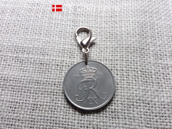 Denmark 1962 R-initial coin charm - 62 year old vintage 5 ore coin pendant on lobster claw clasp - 62nd birthday gift - 5th anniversary gift