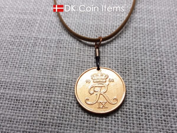 Denmark 1962 R-initial coin necklace - 62 year old copper painted vintage 5 ore coin pendant - 62nd birthday gift - Cord/chain options