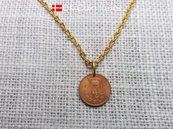 Denmark 1982 M-initial coin pendant necklace with 42 year old vintage copper 5 ore. 42nd birthday gift. 5th anniversary. Danish souvenir