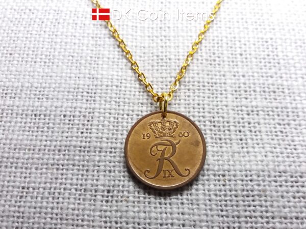 Denmark 1960 R-initial coin pendant necklace with 64 year old vintage 5 ore. 64th birthday gift. 5th anniversary gift. Danish souvenir