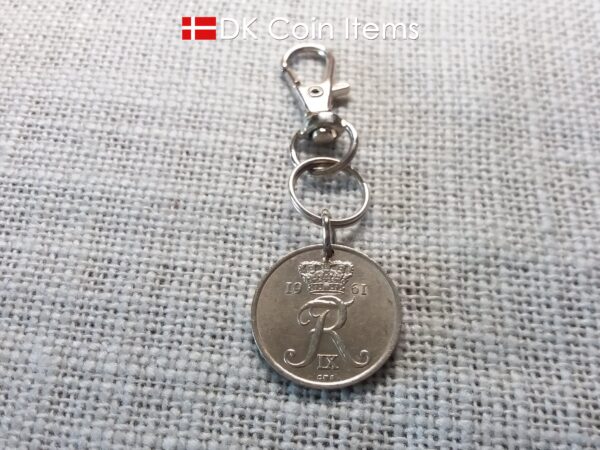 Denmark 1961 R-initial coin charm with 63 year old 25 ore as coin pendant on infinity ring and trigger clip