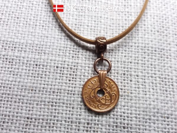 Denmark 1939 C-initial coin necklace - 85 year old vintage copper 1 ore coin pendant - 85th birthday gift. Cord/chain option