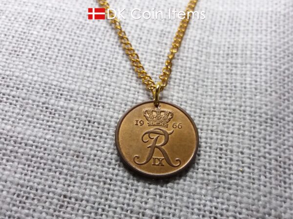 Denmark 1966 R-initial coin pendant necklace with 58 year old vintage 5 ore. 58th birthday gift. 5th anniversary gift. Danish souvenir