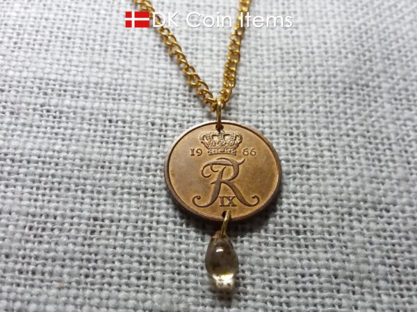 Denmark 1966 R-initial coin necklace - 58 year old vintage 5 ore with bead. 58th birthday gift. 5th anniversary gift. Danish souvenir