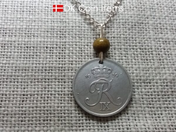 Denmark 1959 coin necklace - Crowned letter R initial on 65 year old 5 ore - 65th birthday gift - Danish souvenir - Cord/chain options