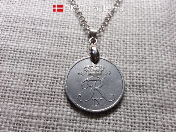 Denmark 1959 coin necklace - Letter R initial on 65 year old 5 ore - 65th birthday gift - Danish souvenir - Cord/chain options