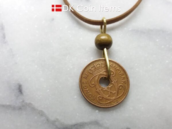 Denmark 1938 coin necklace - Crowned letter C initial on 86 year old 2 ore - Antique Danish souvenir - 86th birthday gift. Cord/chain option