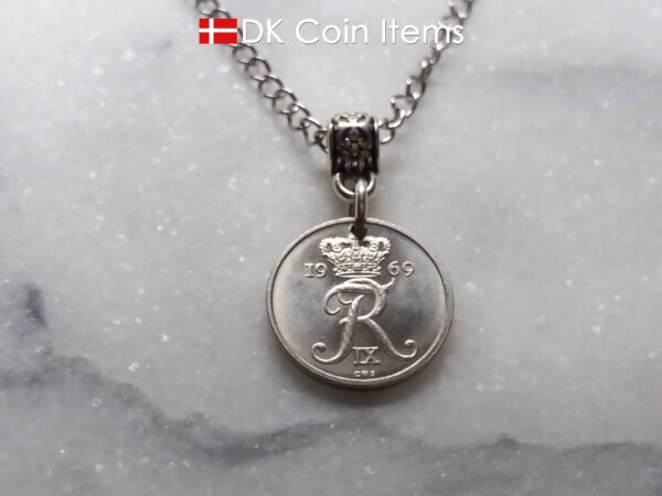 Denmark 1969 coin necklace - Crowned Letter R initial on 55 year old 10 ore - 55th birthday gift - Danish souvenir - Cord/chain options