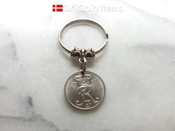 Denmark 1969 coin keychain - Crowned Letter R initial on 55 year old 10 ore - 55th birthday gift - 10th anniversary gift - Danish souvenir