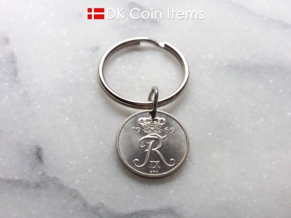 Denmark 1969 coin keychain - 55 year old Letter R initial 10 ore on 25mm keyring - 55th birthday gift - 10th anniversary - Danish souvenir