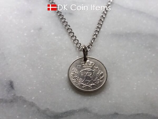 Denmark 1954 coin necklace - 70 year old Crowned Letter R initial 10 ore - 70th birthday gift - Danish souvenir - Cord/chain options