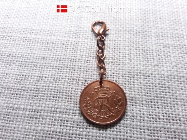 Denmark 1950 R-initial coin pendant charm with 74 year old decoratively copper plated 25 ore and chain plus 18mm lobster claw clasp