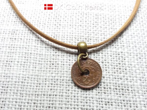 Denmark 1929 coin necklace - Crowned letter C initial on 95 year old 1 ore - Antique Danish souvenir gift - Cord/chain options