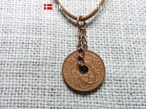 Denmark 1937 coin necklace - Crowned letter C initial on 87 year old 2 ore - Antique Danish souvenir - 87th birthday gift. Cord/chain option