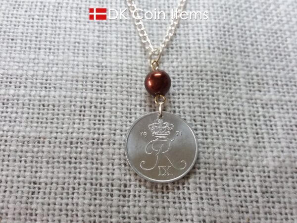 Denmark 1971 coin necklace - 53 year old Crowned Letter R initial 2 ore - 53rd birthday gift - Danish souvenir - Cord/chain options