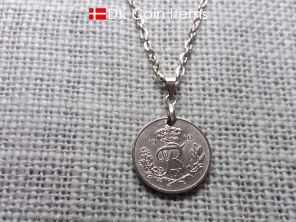 Denmark 1960 coin necklace - 64 year old Crowned Letter R initial 10 ore - 64th birthday gift - Danish souvenir - Cord/chain options