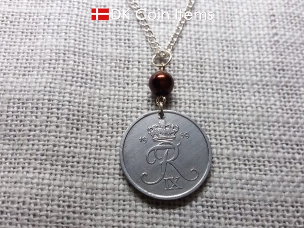 Denmark 1959 coin necklace - 65 year old 5 ore - Crowned Letter R initial - 65th birthday gift - Danish souvenir - Cord/chain options