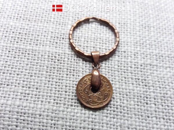 Denmark 1937 coin keychain - 87 year old crowned letter C initial vintage copper 1 ore coin pendant - 87th birthday gift - Antique souvenir