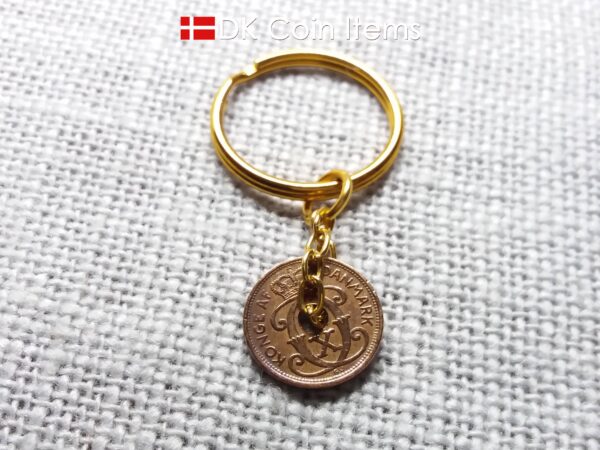 Denmark 1937 coin keychain - Letter C initial on 87 year old copper 1 ore vintage coin pendant - 87th birthday gift - Danish souvenir