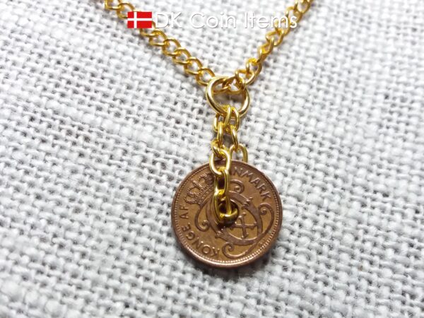 Denmark 1937 coin necklace - Crowned letter C initial on 87 year old 1 ore - Antique Danish souvenir - 87th birthday gift. Cord/chain option