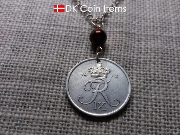 Denmark 1964 coin necklace - 60 year old 5 ore - Crowned Letter R initial - 60th birthday gift - Danish souvenir - Cord/chain options